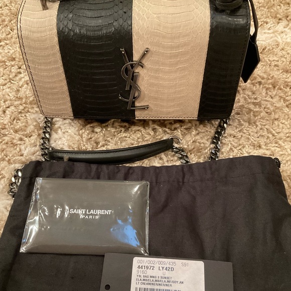 SAINT LAURENT BLACK/ CREAM STRIPED SNAKESKIN CROSSBODY PEWTER COLOR CHAIN - Picture 3 of 8